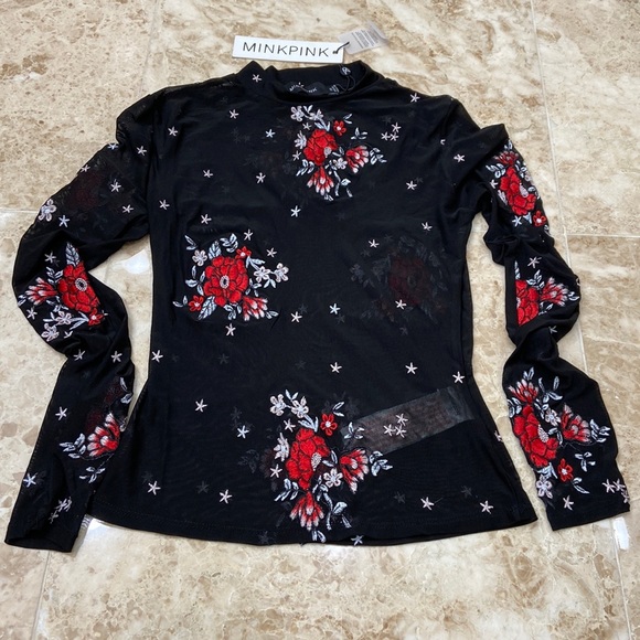 Mink Pink Embroidered Mesh Long Sleeve Top. Size XXS. NWT - Picture 2 of 8